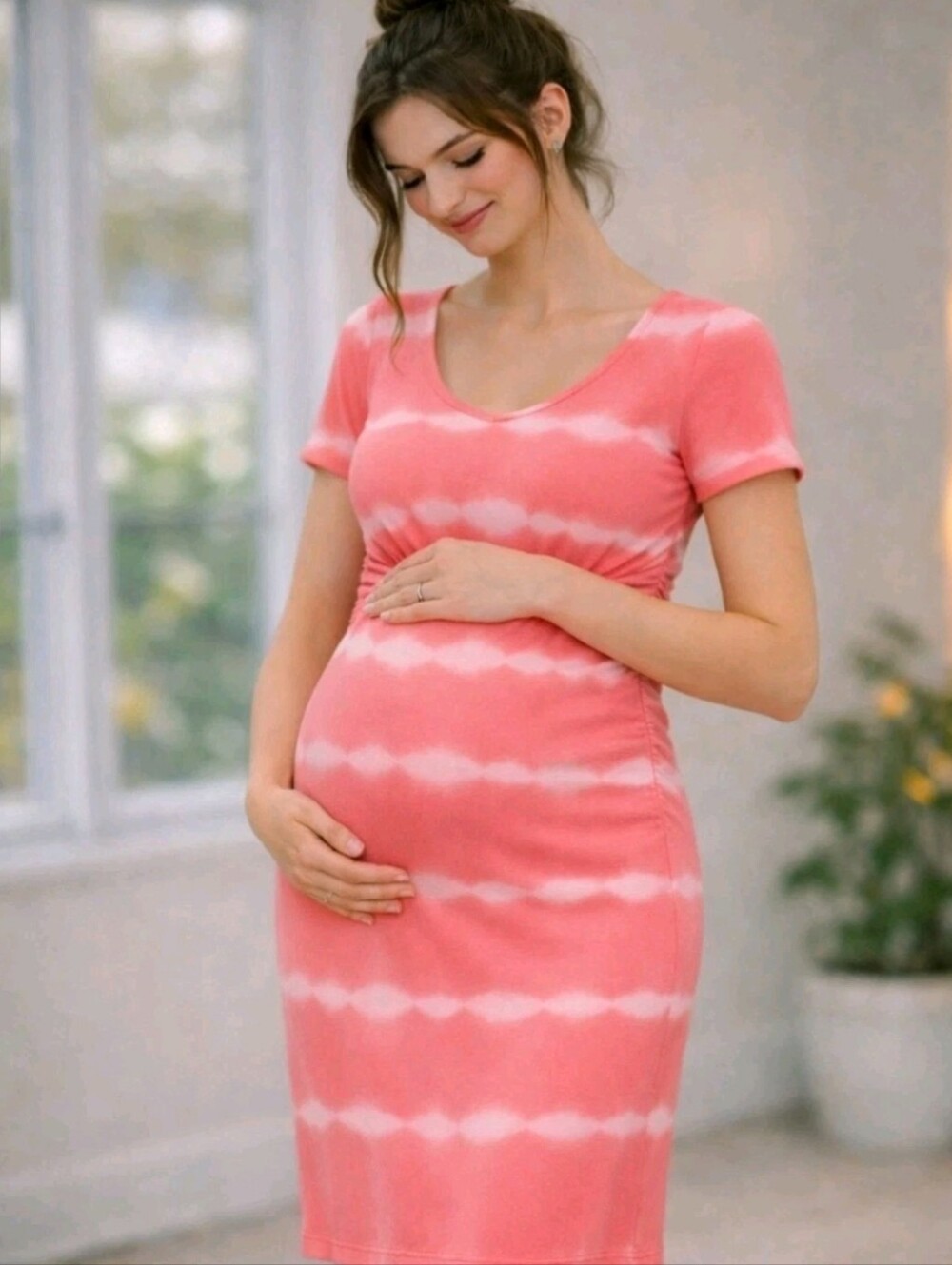 Time and Tru Maternity Dress Coral Tie Dye Short Sleeve Dress S Beach Summer